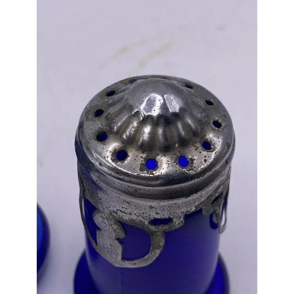 Vintage Cobalt Blue Glass‎ Salt & Pepper Shakers With Metal Lids Japan